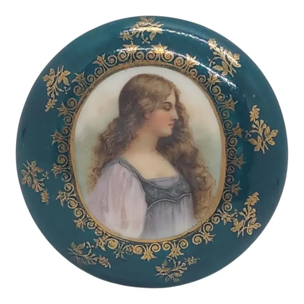 Vintage Portrait Lady Vanity Jar Blue Porcelain Trinket Dresser Box Gold Decor